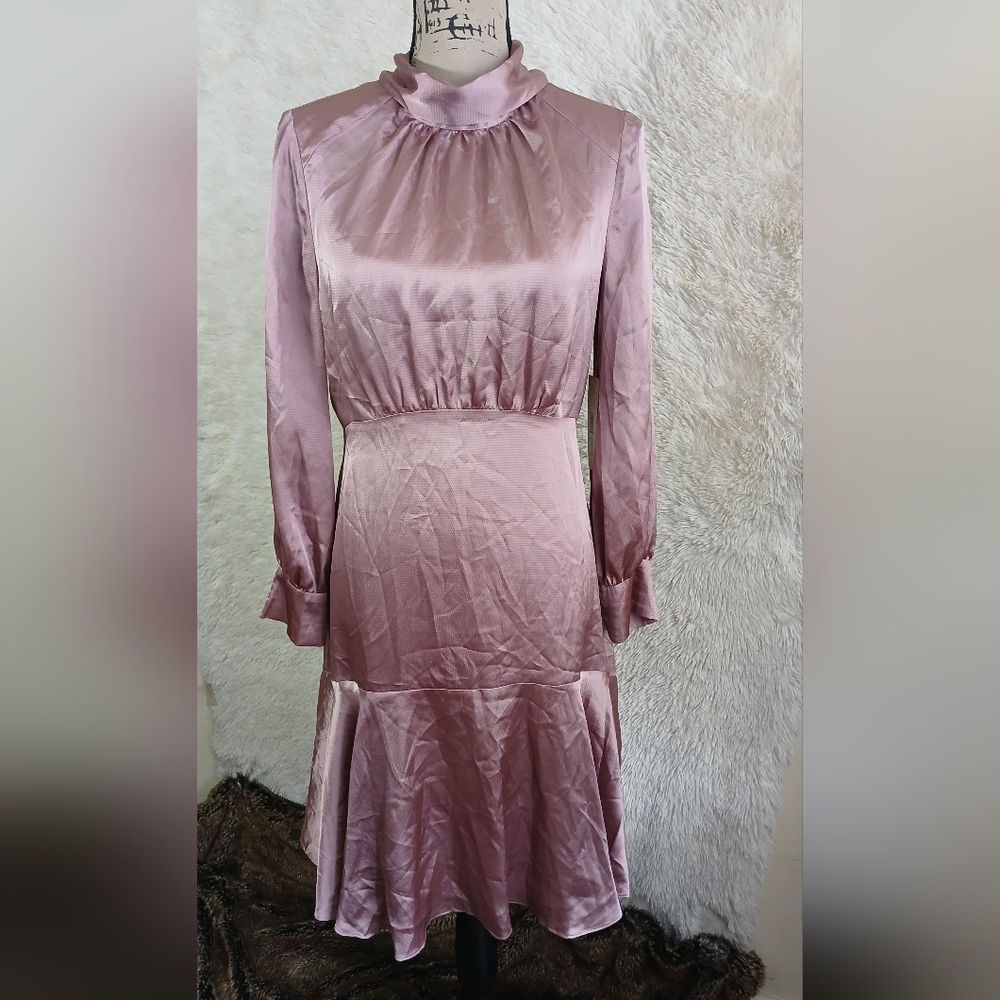 Eliza J Satin Solid Pink Cuff Long Sleeve Tiered Midi Dress Layered